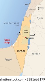 Israel map with its capital Jerusalem, Highlighted Gaza strip, with neighbour countries