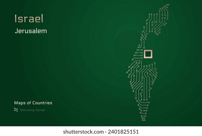 Mapa de Israel con capital de Jerusalén mostrado en un modelo de microchip con procesador. Gobierno electrónico. Mapas vectoriales de países del mundo. Serie de microchips	
