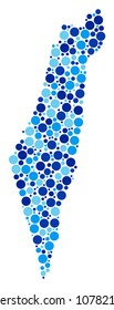 Israel Map collage of small circles in different sizes and blue color tones. Random dots are united into Israel Map composition. Vector geography blue map design concept.
