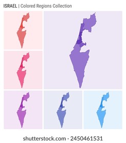 Israel map collection. Country shape with colored regions. Deep Purple, Red, Pink, Purple, Indigo, Blue color palettes. Border of Israel with provinces for your infographic. Vector illustration.