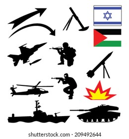 Israel map with a collection of war silhouettes. Middle East conflicts.