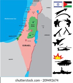 Israel map with a collection of war silhouettes. Middle East conflicts.