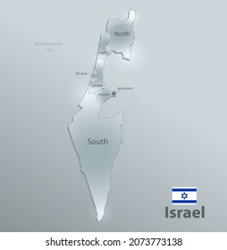 Israel map and flag, administrative division, separates regions and names, design glass card 3D vector