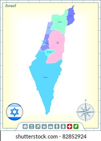 Israel Map with Flag Buttons and Assistance & Activates Icons Original Illustration