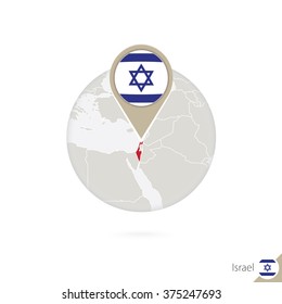 Israel map and flag in circle. Map of Israel, Israel flag pin. Map of Israel in the style of the globe. Vector Illustration.