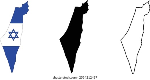 Conjunto de iconos de bandera de mapa de Israel. Conjunto de mapas de Israel. Bandera en el mapa. Silueta de la tarjeta. Ilustración vectorial sobre fondo blanco. eps 10.