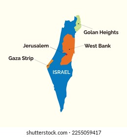 Israel map with Gaza strip, West bank and Golan heights. Vector, illustration.