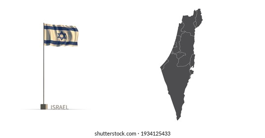 Israel map. gray national vector map, and flag 3d illustration.
