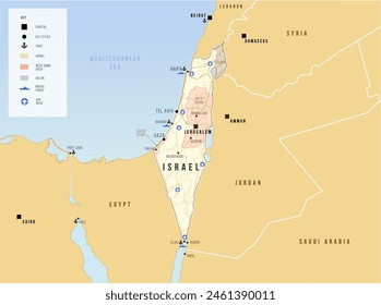 Israel map. Israeli and Palestinian areas of the West Bank and the Gaza Strip. Vector map illustration. Geopolitacal set concept.