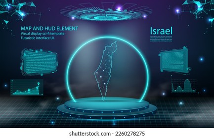 israel map light connecting effect background. abstract digital technology UI, GUI, futuristic HUD Virtual Interface with israel map. Stage futuristic podium in fog.