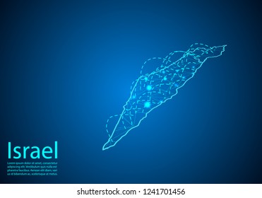israel map with nodes linked by lines. concept of global communication and business. Dark israel map created from white dots with travel locations or internet connection.