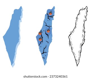 Israel map. Outline contour state. Set of geography concept. War in Palestine and Gaza. Political and military conflict