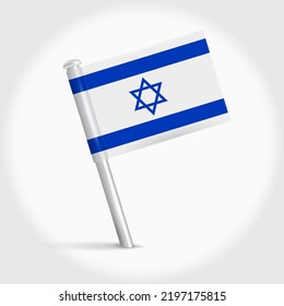 Israel map pin flag icon. Israeli pennant map marker on a metal needle. 3D realistic vector illustration.