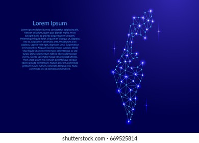Israel map of polygonal mosaic lines network, rays and space stars of vector illustration.