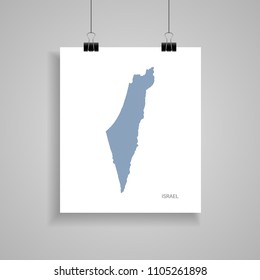 Israel map poster.  Blue vector map on piece of paper with paper clip, on a gray background. 