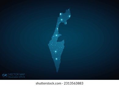 Israel map radial dotted pattern in futuristic style, design blue circle glowing outline made of stars. concept of communication on dark blue background. Vector EPS10