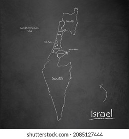 Israel map, separates regions and names, design card blackboard, chalkboard vector