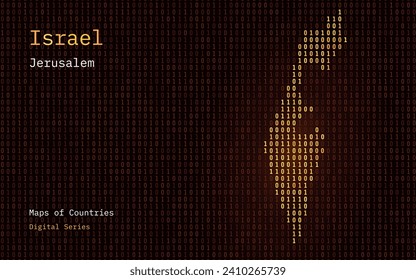 Israel Map Shown in Binary Code Pattern. TSMC. Gold Matrix numbers, zero, one. World Countries Vector Maps. Digital Series