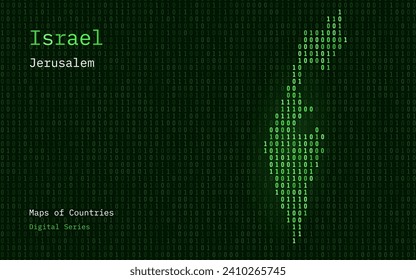 Israel Map Shown in Binary Code Pattern. TSMC. Green Matrix numbers, zero, one. World Countries Vector Maps. Digital Series