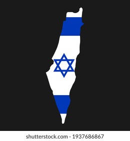 Israel map silhouette with flag on black background