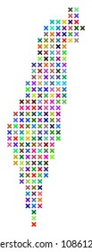 Israel map. Vector abstraction of geographic scheme. Regular pattern is created with x-cross elements in random colors. Abstract pixelated Israel map designed for political and economical posters.
