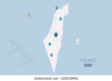 Mapa de Israel - Mapa mundial Mapa internacional de vectores Alto detalle con color blanco aislado en fondo azul incluyendo punto de ubicación simple, árbol, icono del barco - Ilustración vectorial eps 10