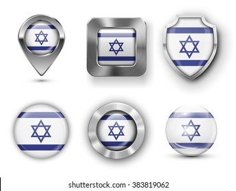 Israel Metal and Glass Flag Badges, Buttons, Map marker pin and Shields. Vector illustrations