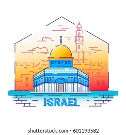 Israel - modern vector line travel illustration. Be on a safe and exciting journey. Landmark image. An unusual composition with the Al-Aqsa Mosque, temple, tower, city, cloud in the sky background