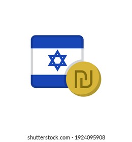 Israel Money And Flag Flat Icon, Vector Sign, Shekel Currency With Flag Colorful Pictogram Isolated On White. ILS Money Symbol, Logo Illustration. Flat Style Design