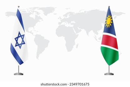 Israel and Namibia flags for official meeting against background of world map.