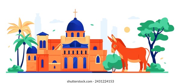 Catedral nacional de Israel - ilustración vectorial de colores modernos con la Iglesia del Santo Sepulcro y el burro de ganado, de pie en los árboles. Ciudad Vieja de Jerusalén, cristianismo e idea viajera