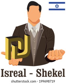 Israel national currency Israeli new shekel symbol representing money and Flag. Vector design concept of businessman in suit with open hand over with currency isolated on white background in EPS10.