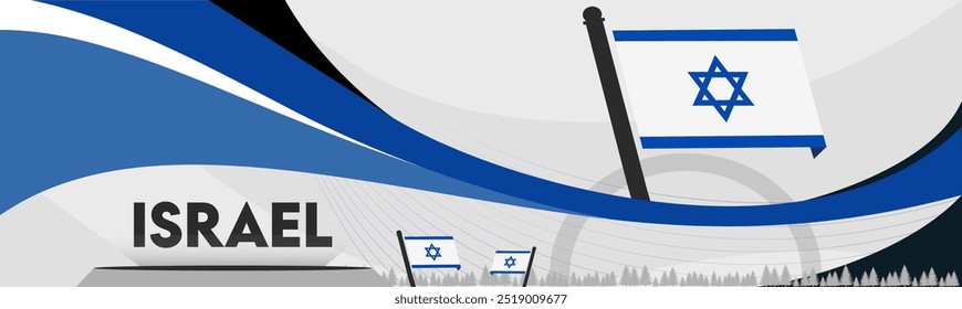 Israel national day, independence day anniversary. Flag of Israel with modern geometric corporate abstract design. Israeli flag theme with grey background. War Conflict.