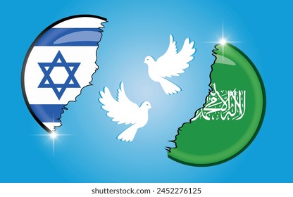 Israel national flag and Hamas official state flag, Cracked 3D Rounded Flag, Campaign buttons. Flying peace dove logo symbol. White doves between the countries. military conflict illustration