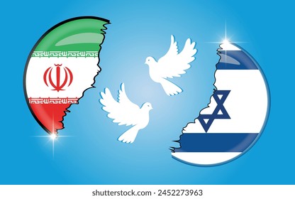 Israel national flag and Iranian official state flag, Cracked 3D Rounded Flag, Campaign buttons. Flying peace dove logo symbol. White doves between the countries. military conflict illustration 