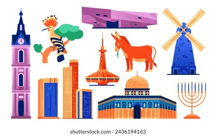 Israel National Values - flat design style objects set. High quality images of Jaffa clock tower, Eilat Underwater Observatory, Tel Aviv Museum of Fine Arts, Al-Aqsa Mosque, Montefiore Windmill