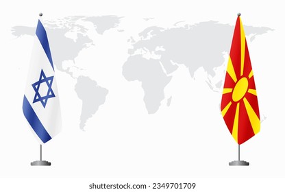 Israel and Northern Macedonia flags for official meeting against background of world map.