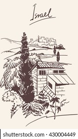 Israel old city skyline. place in Israel. Handmade drawing isolated in vector. Postcard poster template. Freehand drawing. 