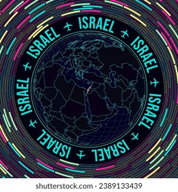 Israel on globe. Satelite view of the world centered to Israel. Bright neon style. Futuristic radial bricks background. Charming vector illustration.