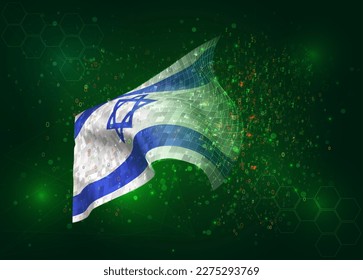 Israel, on vector 3d flag on green background with polygons and data numbers