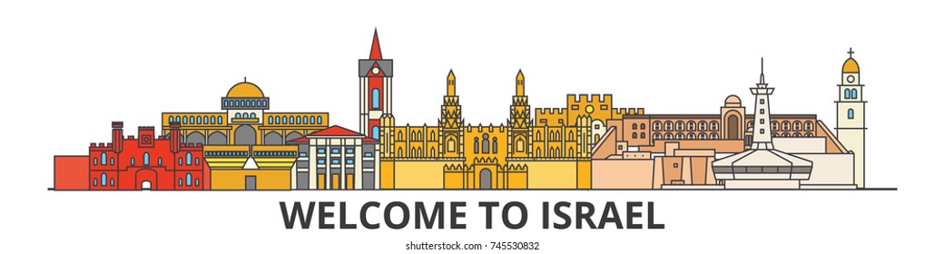 Israel outline skyline, israeli flat thin line icons, landmarks, illustrations. Israel cityscape, israeli travel city vector banner. Urban silhouette