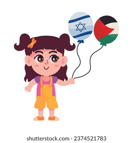israel and palestine flags in balloons with girl character