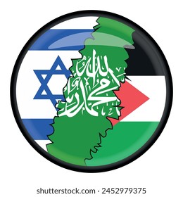 Israel and Palestine flags between Hamas official state flag, Cracked 3D Rounded Flags, Campaign buttons.  