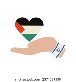 israel and palestine flags with hand lifting heart design