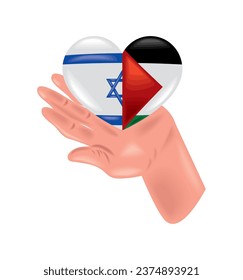 israel and palestine flags iin heart lifting of hand design