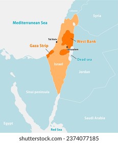 Israel, Palestine, Gaza Strip and surrounding countries map illustration