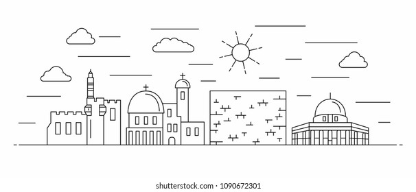 Israel panorama. Israel vector illustration in outline style with buildings and city architecture. Welcome to Israel.