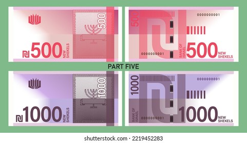 Israel play money vector set with empty frame. Banknotes of 500 and 1000 new shekels. Part five