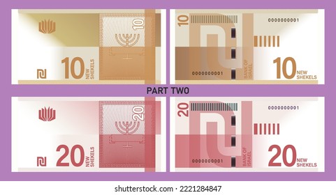 Israel play money vector set with empty frame. Banknotes of 10 and 20 new shekels. Part two