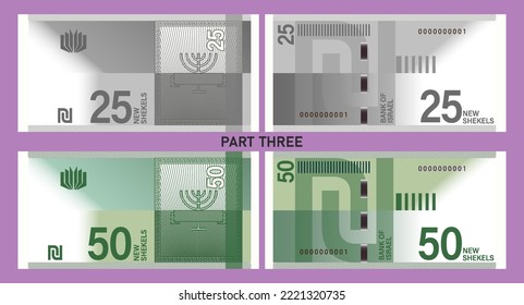 Israel play money vector set with empty frame. Banknotes of 25 and 50 new shekels. Part three